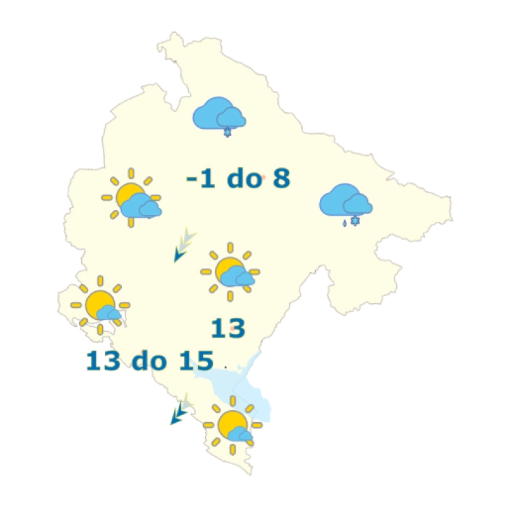 Sjutra na jugu pretežno sunčano, na sjeveru oblačno