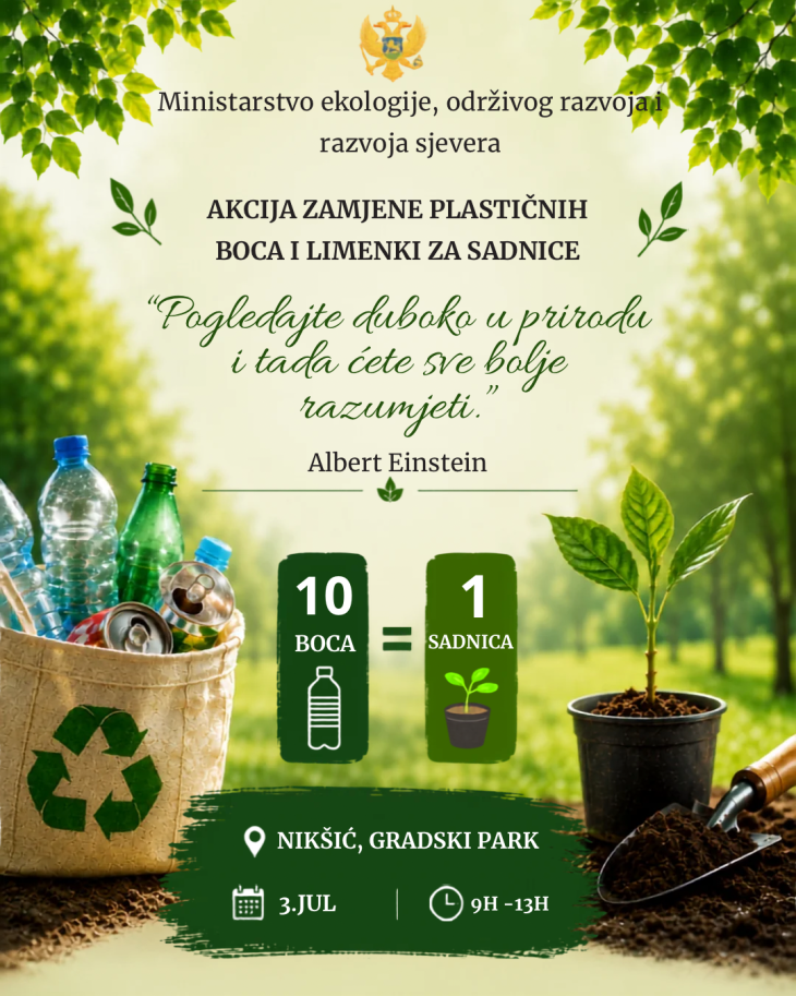 Akcija zamjene plastičnih boca i limenki za sadnice u Nikšiću 3. jula